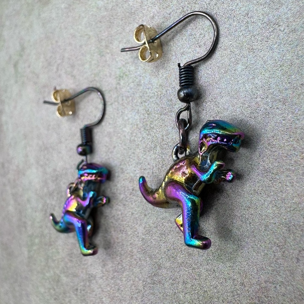 Nickel free Iridescent Rainbow Dinosaur Dangle Earrings